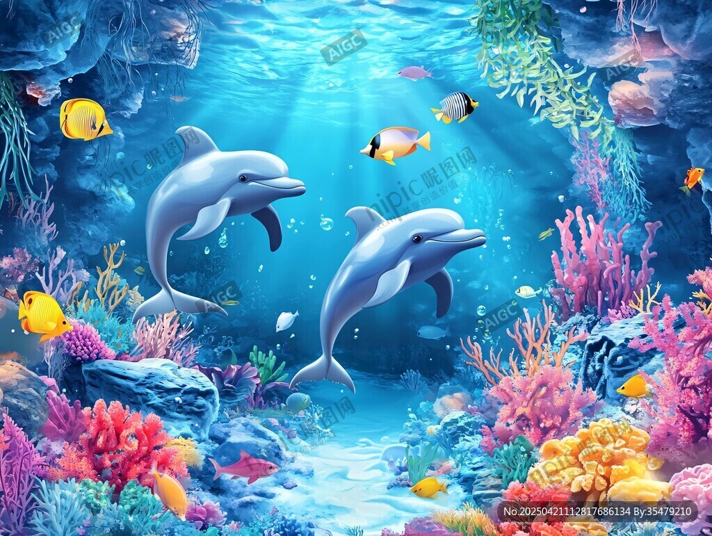 梦幻海底的海豚与缤纷珊瑚