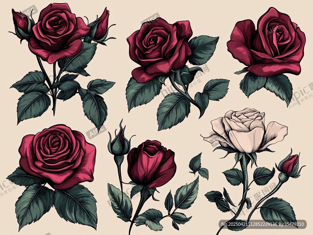 复古风玫瑰花卉插画集合