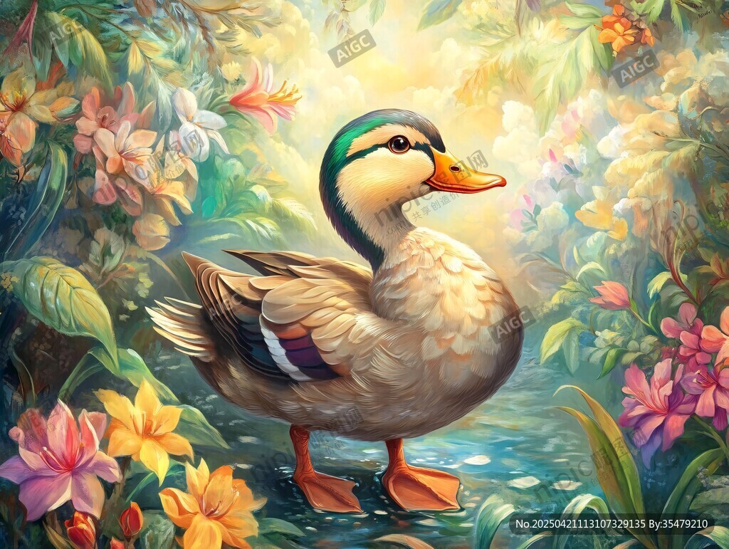 鸭立花丛间的梦幻景象