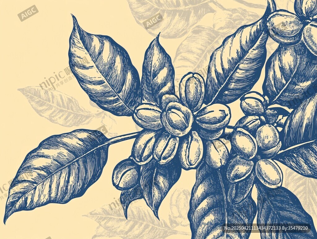 手绘咖啡树植物枝叶图