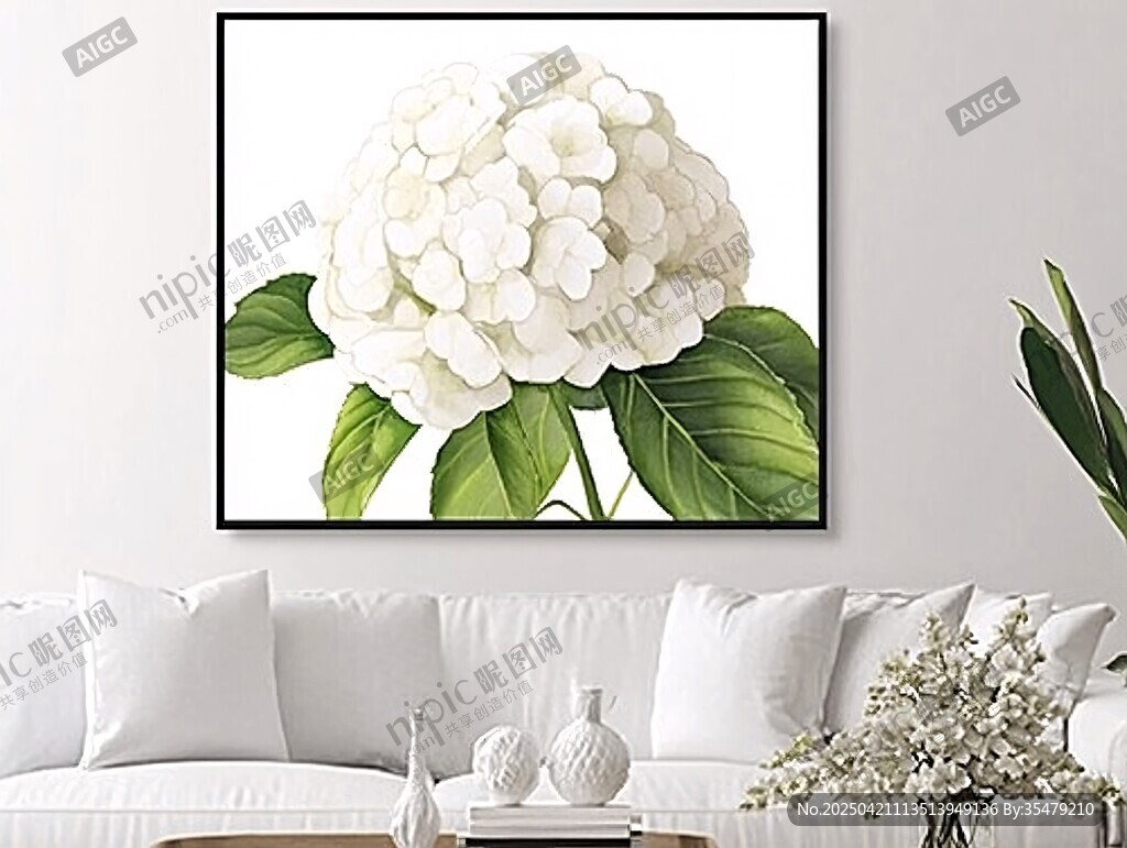 白绣球花卉装饰画