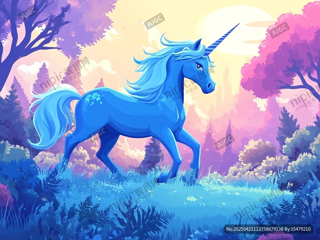 梦幻森林中的蓝色独角兽