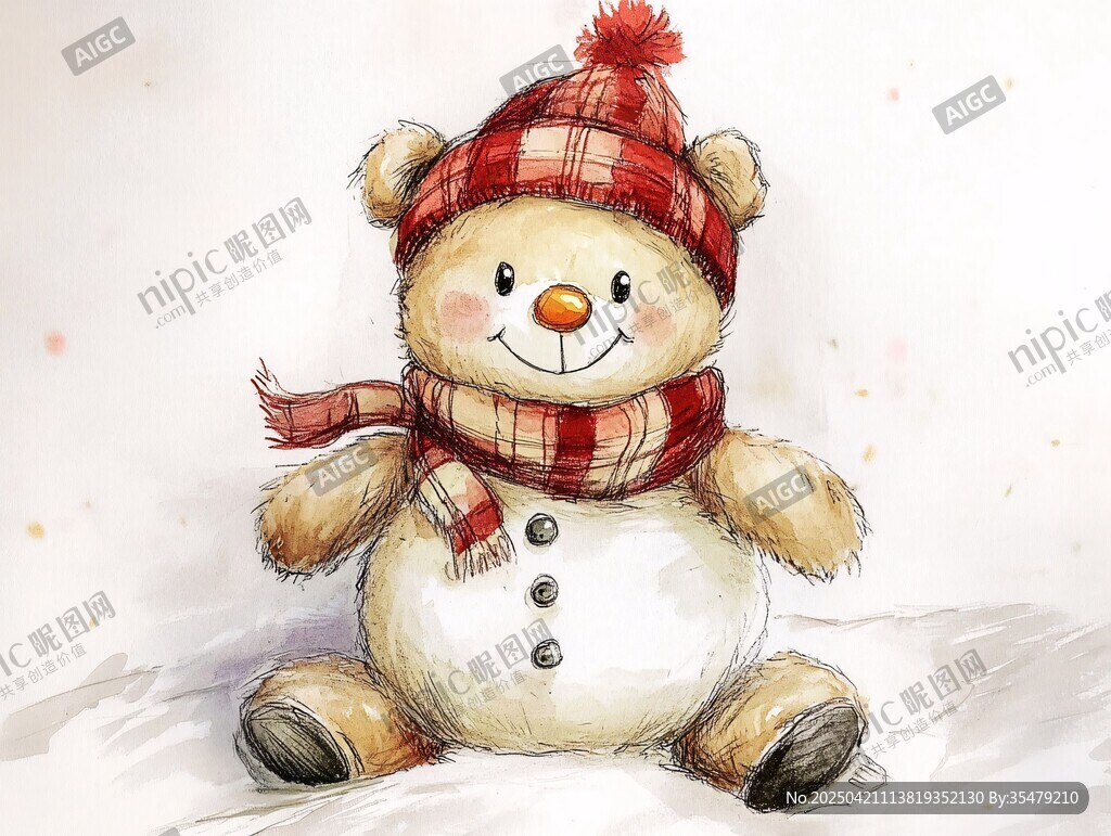 戴帽围巾小熊可爱插画