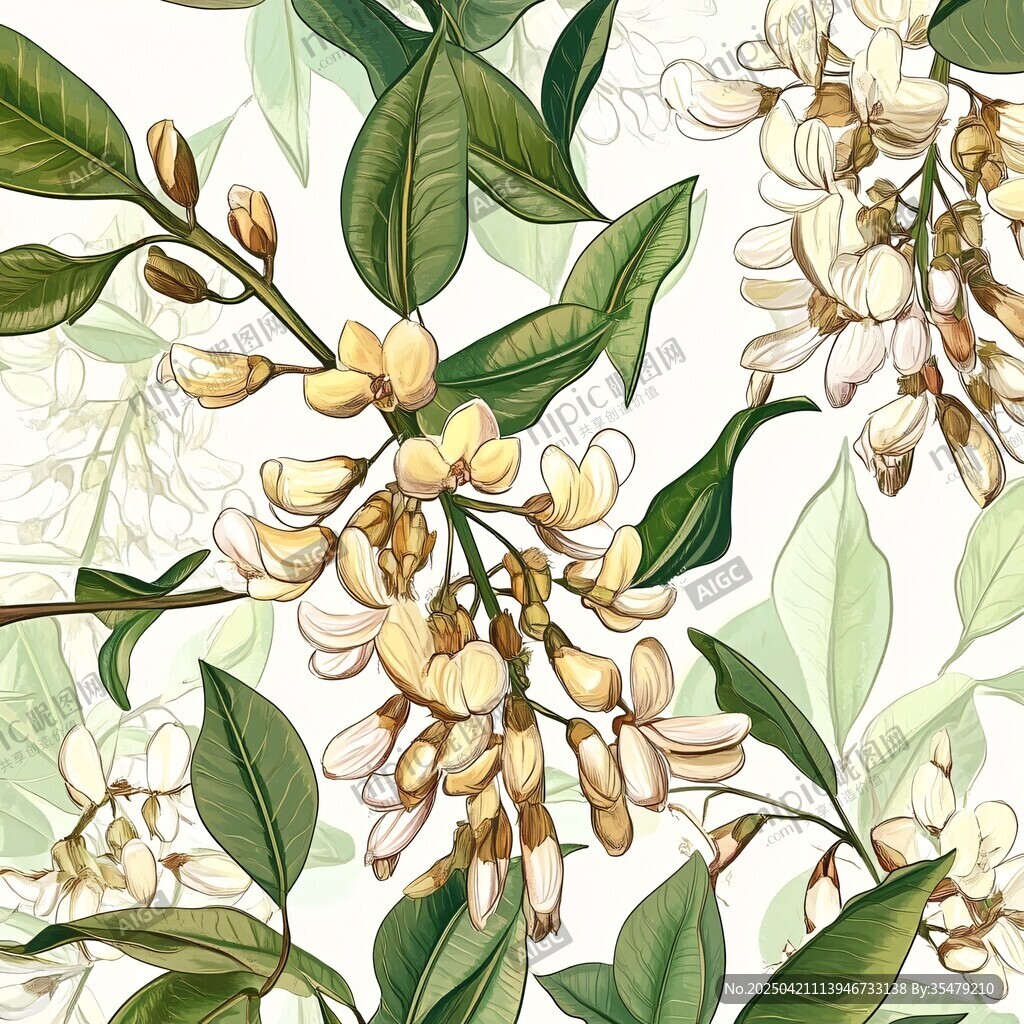 素雅槐花枝叶图案插画
