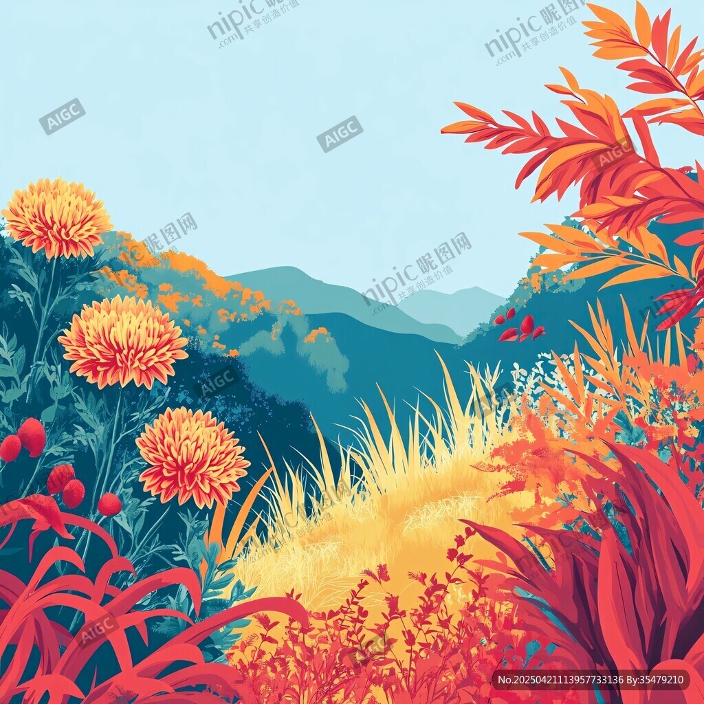 秋日绚烂花草与远山美景