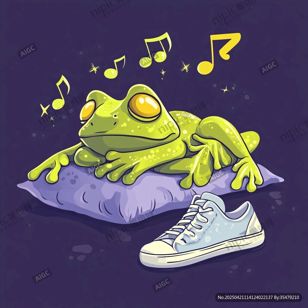 青蛙惬意枕上听音乐