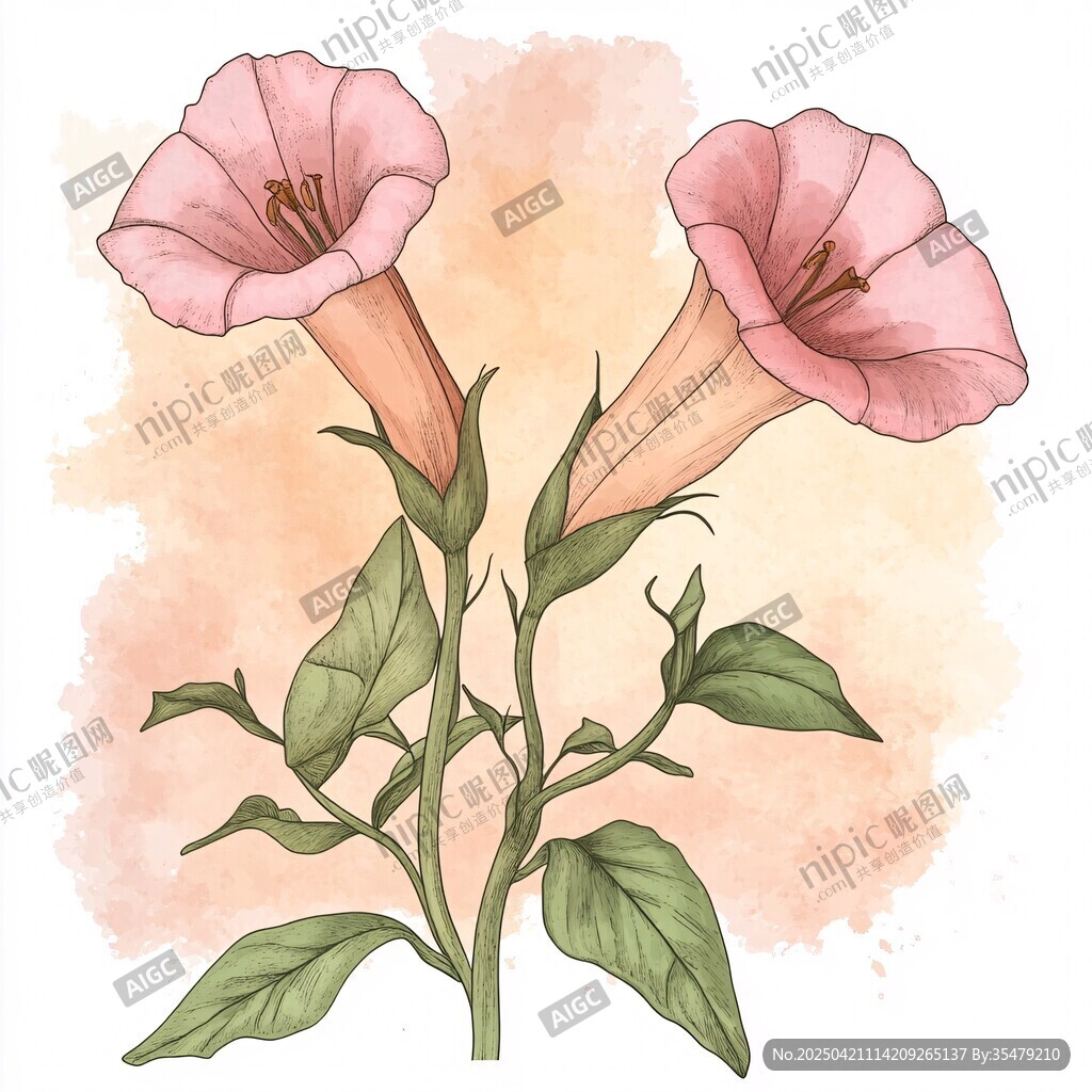 粉色喇叭花水彩插画
