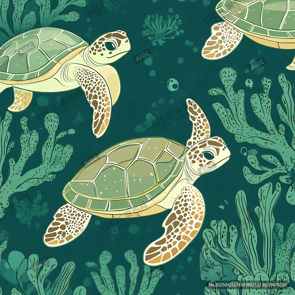 海龟畅游于海底珊瑚间