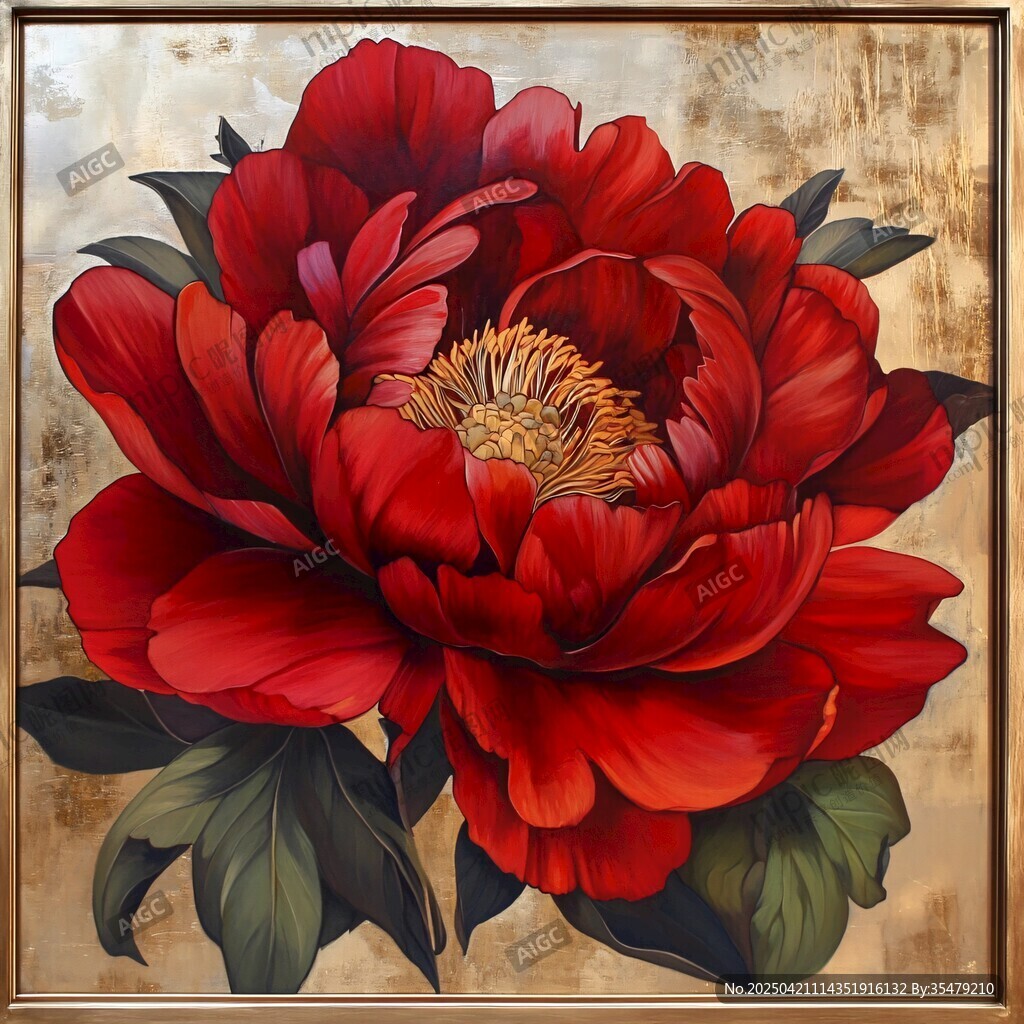 艳丽红牡丹油画艺术作品