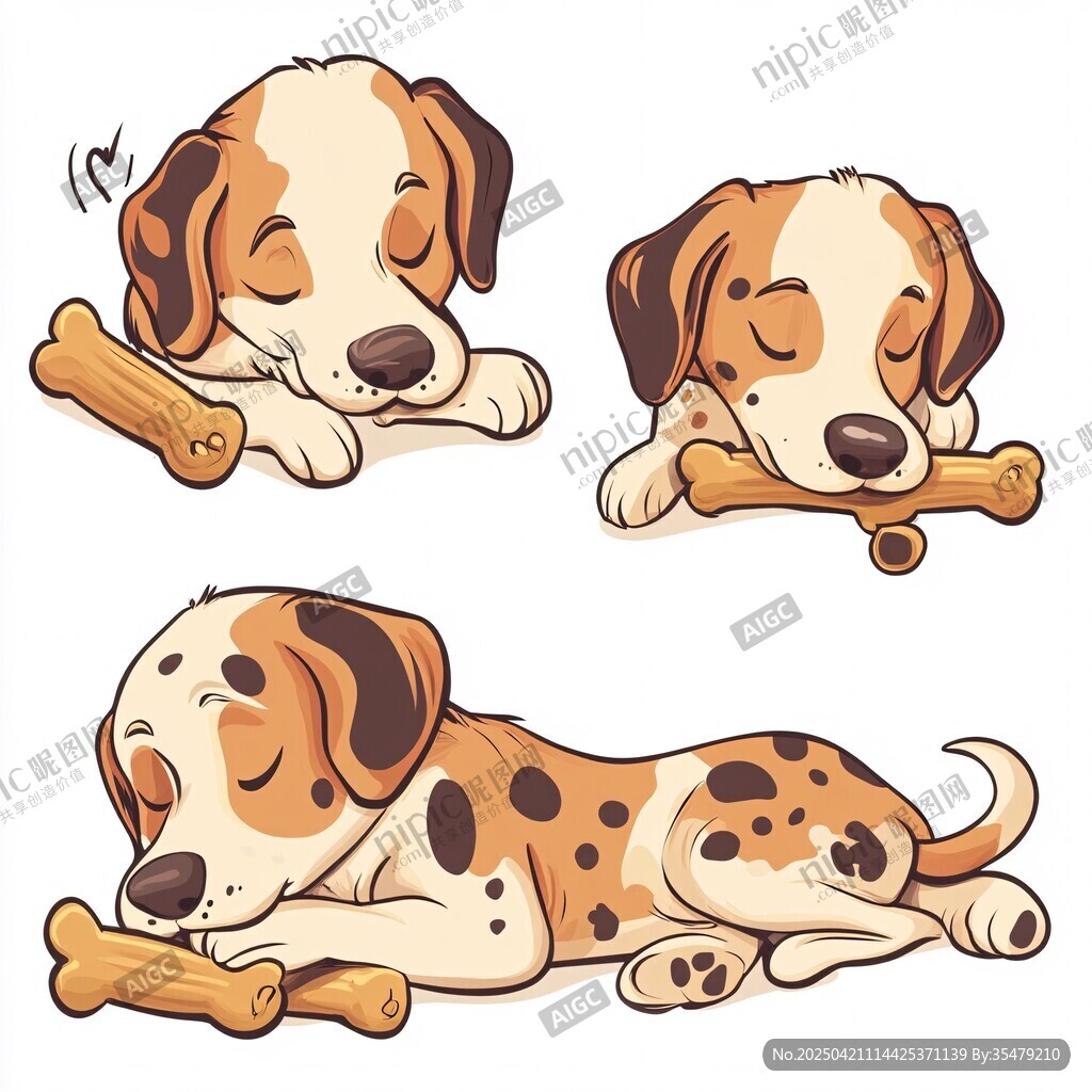 可爱小狗抱骨头睡觉插画