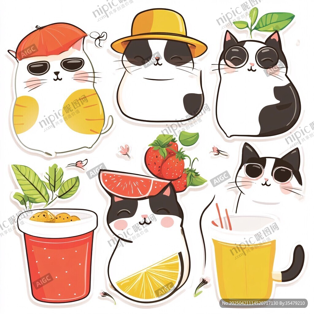 可爱猫咪与水果饮品贴纸