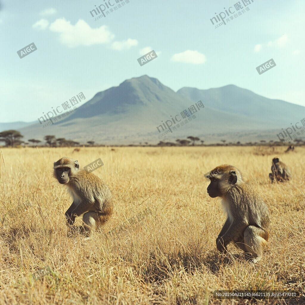 草原上的猴子与远山风景