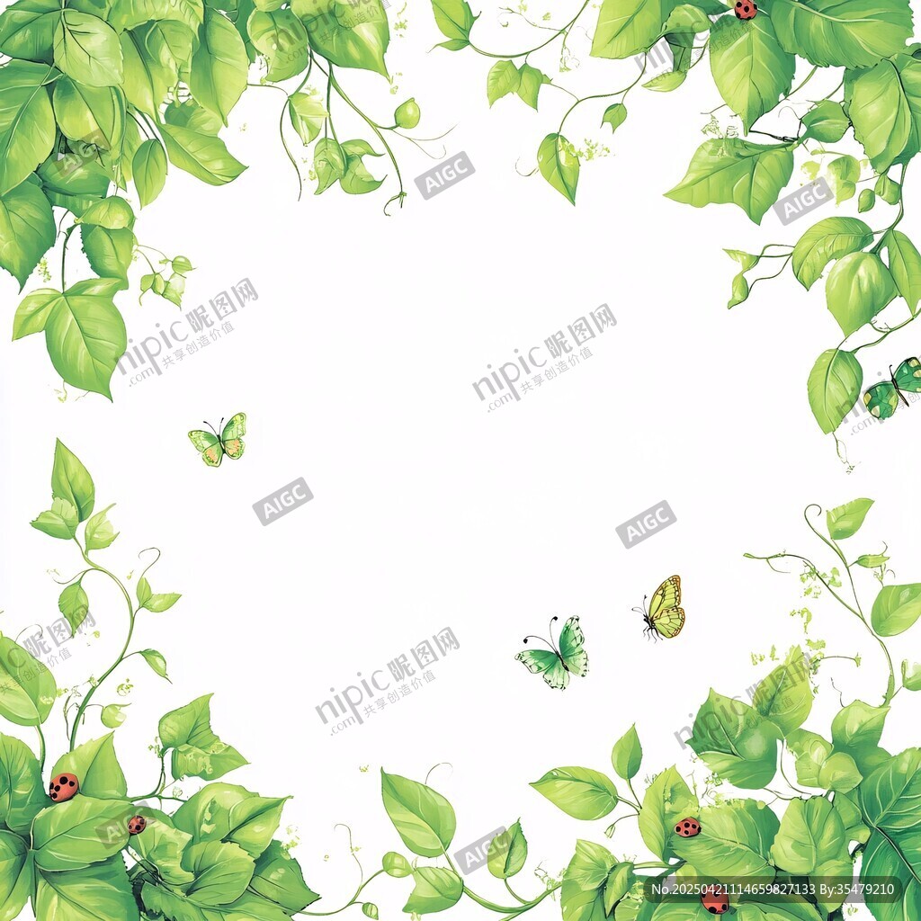 绿叶蝴蝶环绕的清新边框
