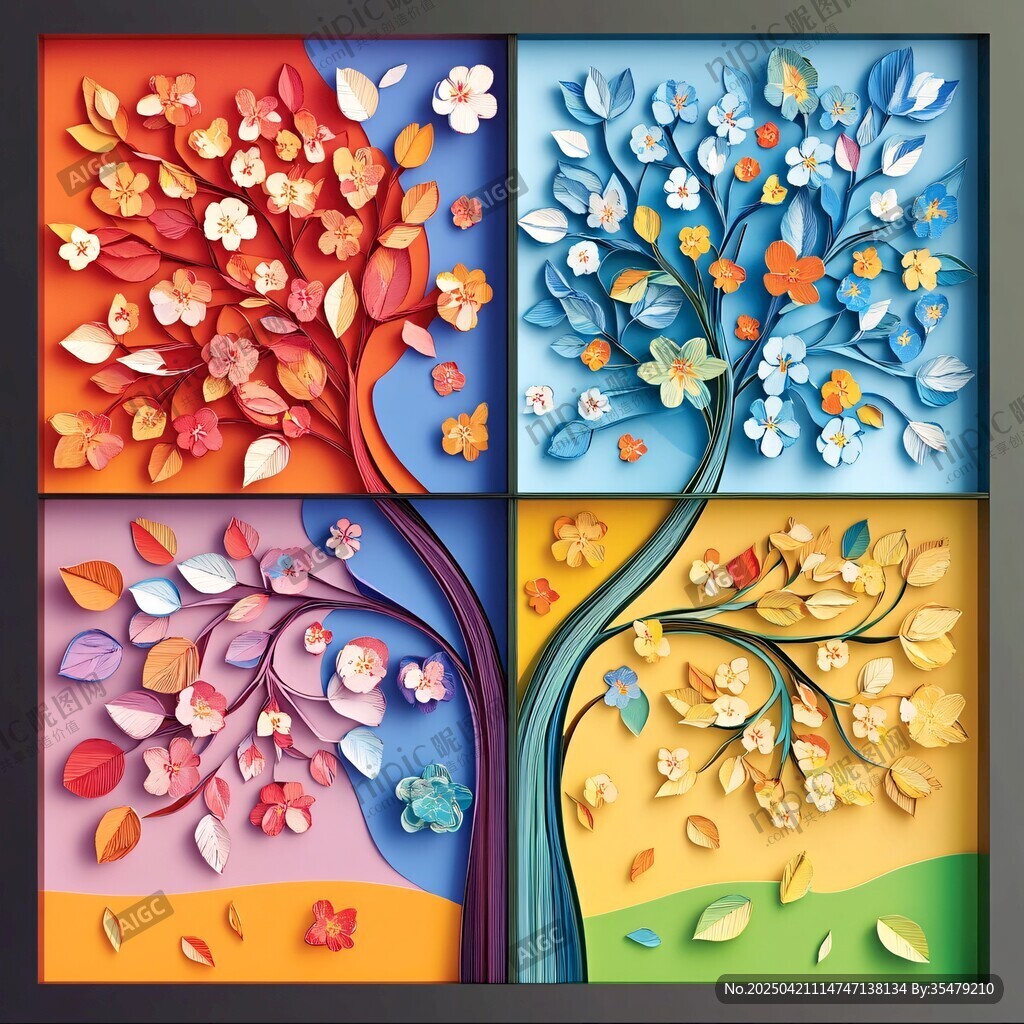 四季繁花树艺术剪纸图案