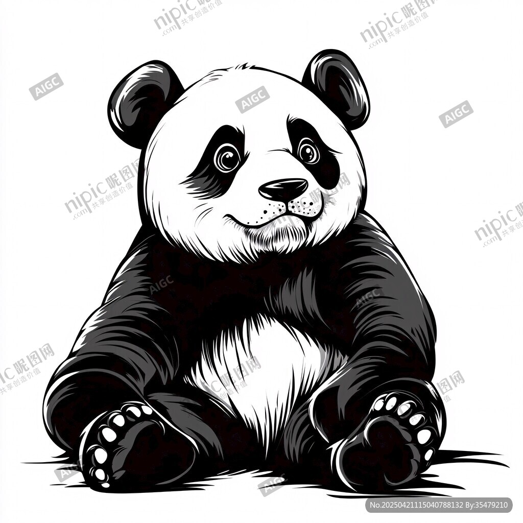 坐立熊猫黑白插画形象