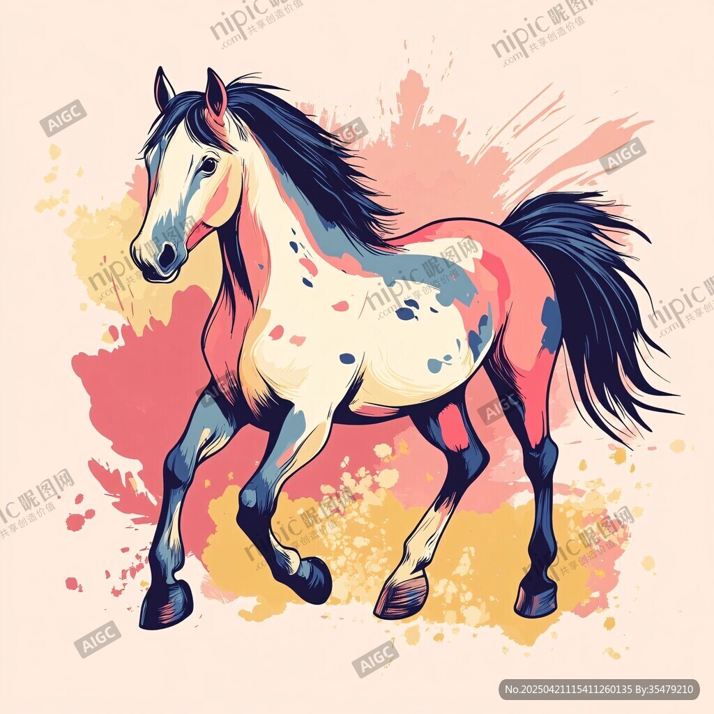 彩色泼墨风奔跑骏马插画