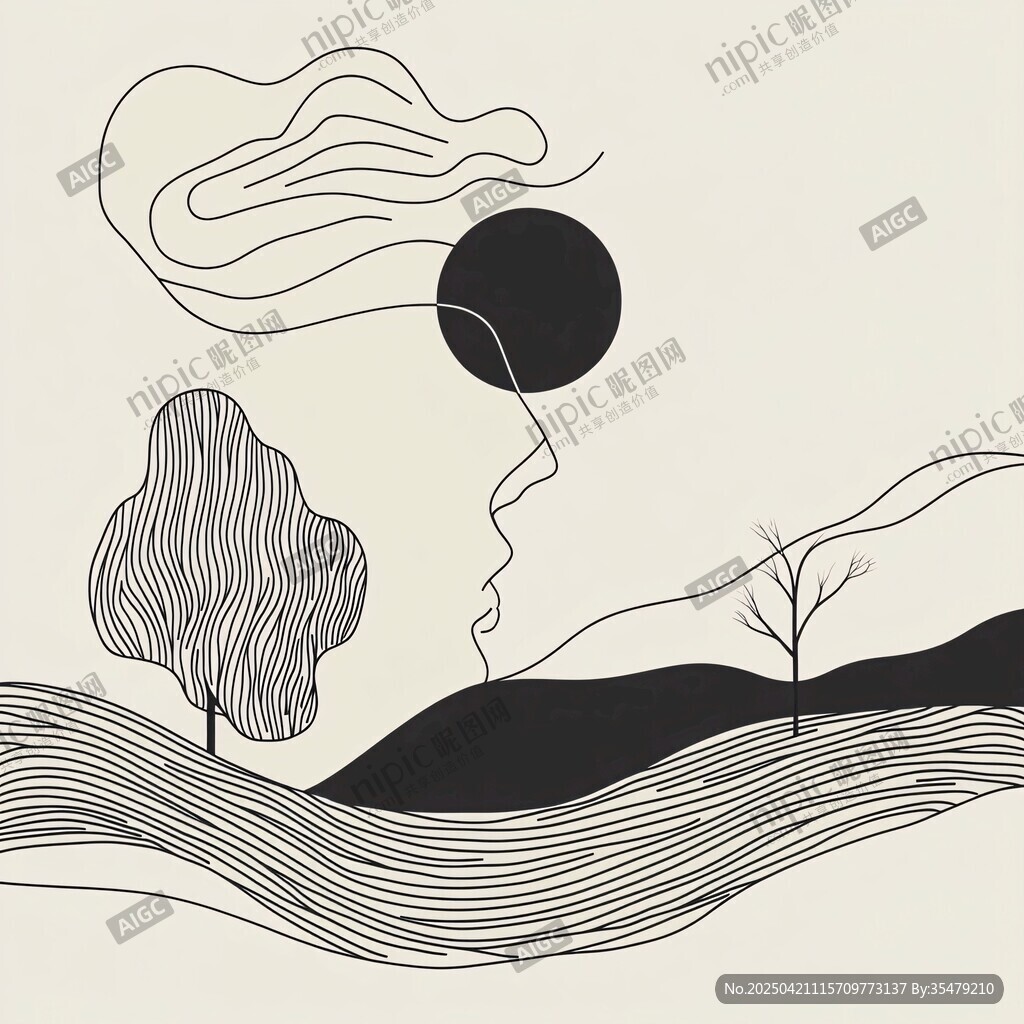 黑白线条勾勒的自然景致