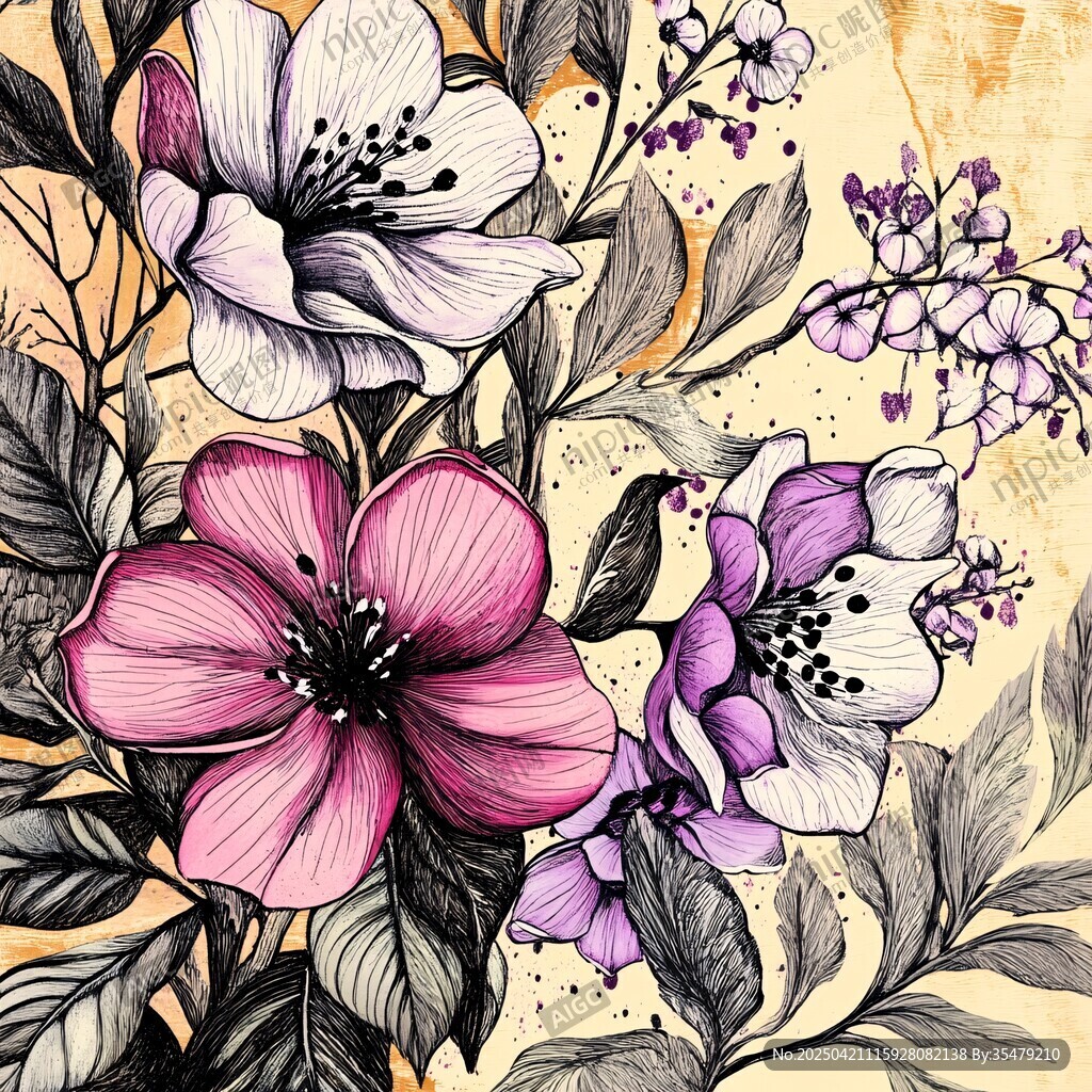 手绘梦幻花卉组合插画