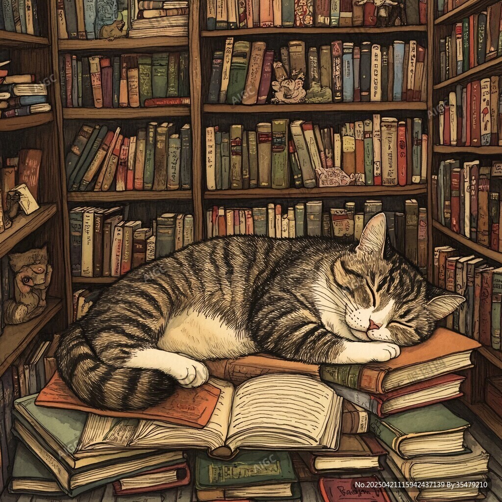 猫咪在书堆中的惬意时光