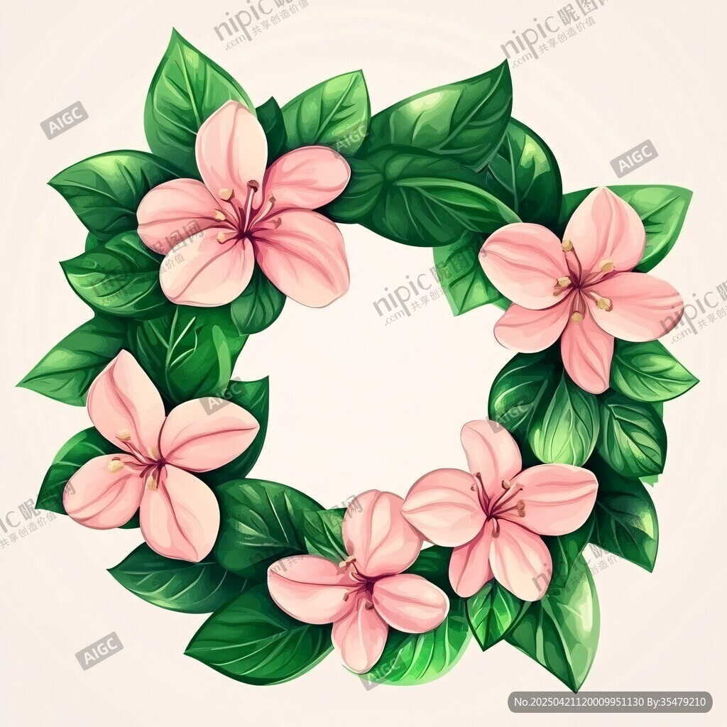 粉色花朵绿叶花环插画