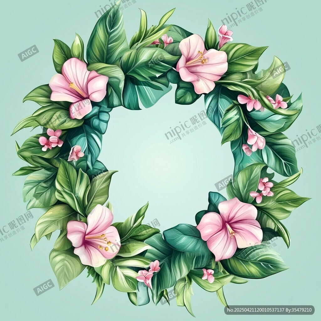 粉色扶桑花绿叶花环图案