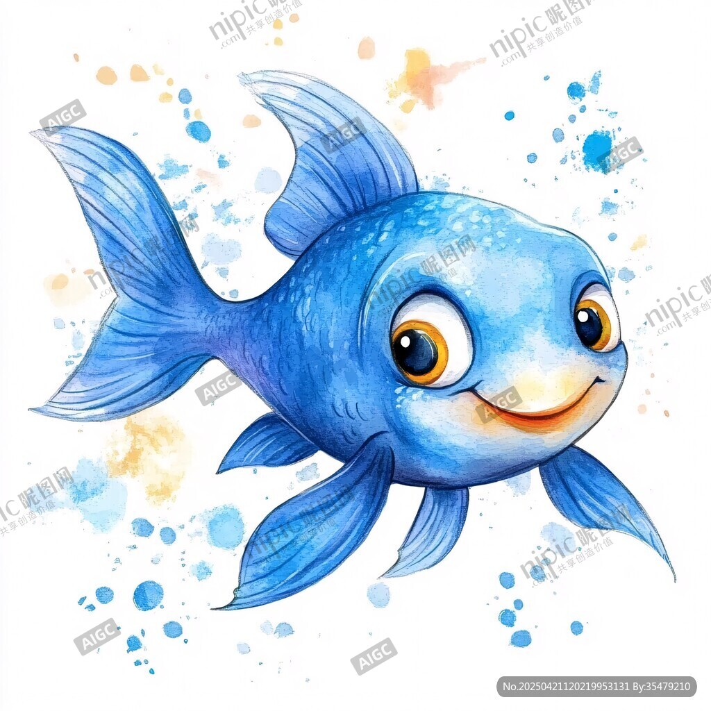 蓝色可爱小鱼水彩插画