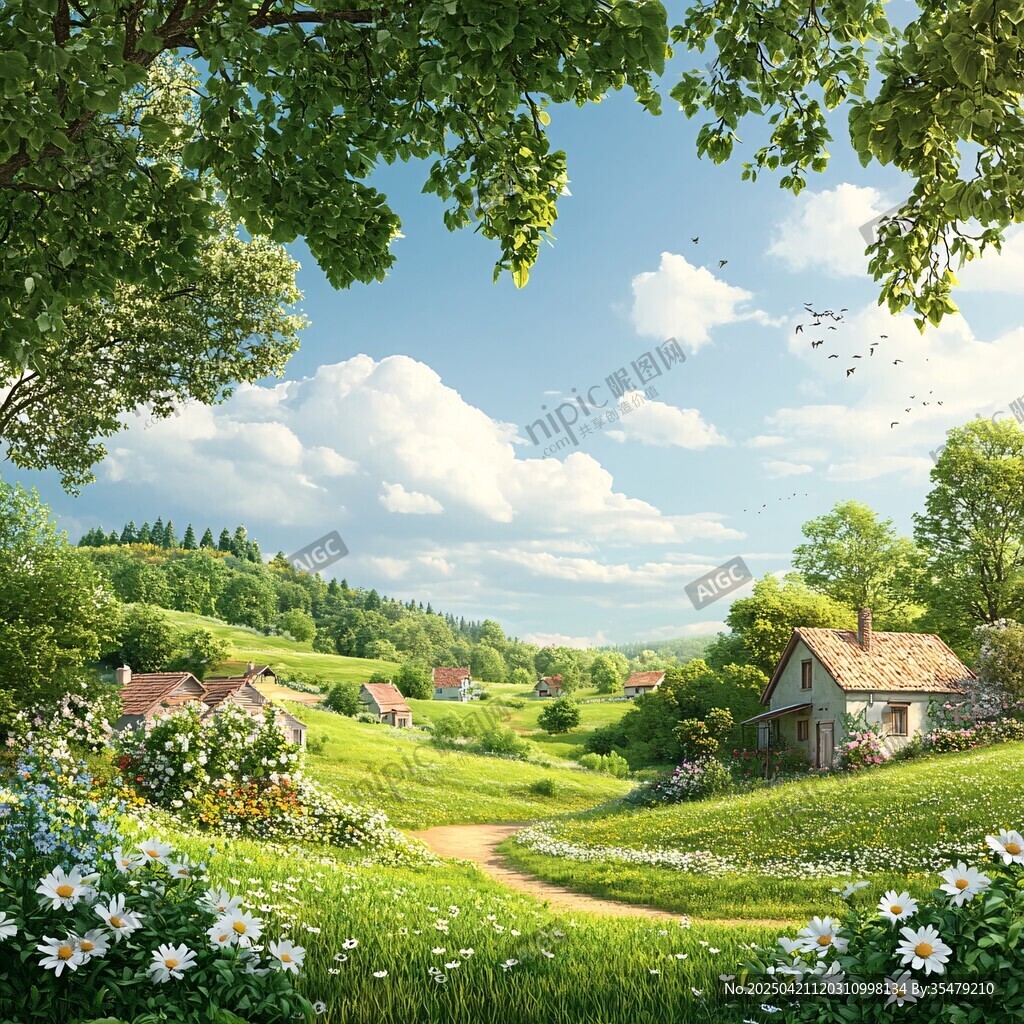 田园风光下的宁静乡村景色