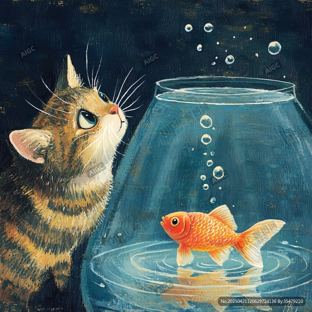 小猫凝视缸中金鱼画面