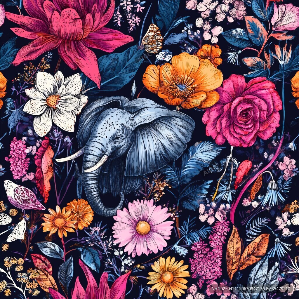 大象花卉梦幻插画图案