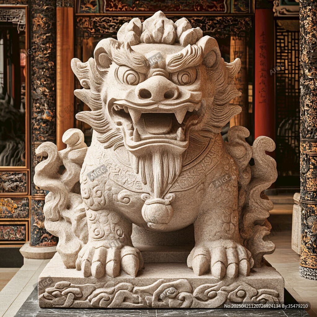 中式古建筑前的石麒麟
