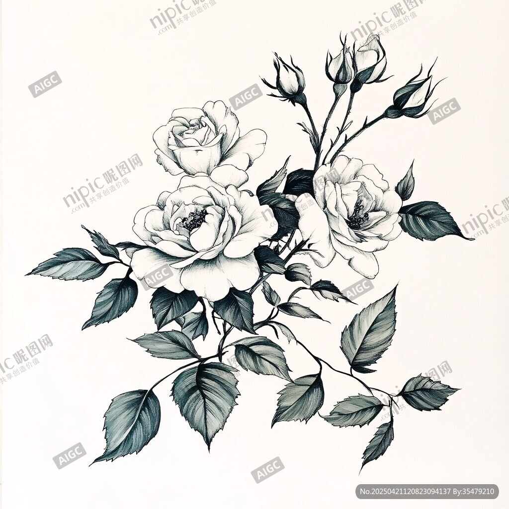 黑白玫瑰插画艺术作品