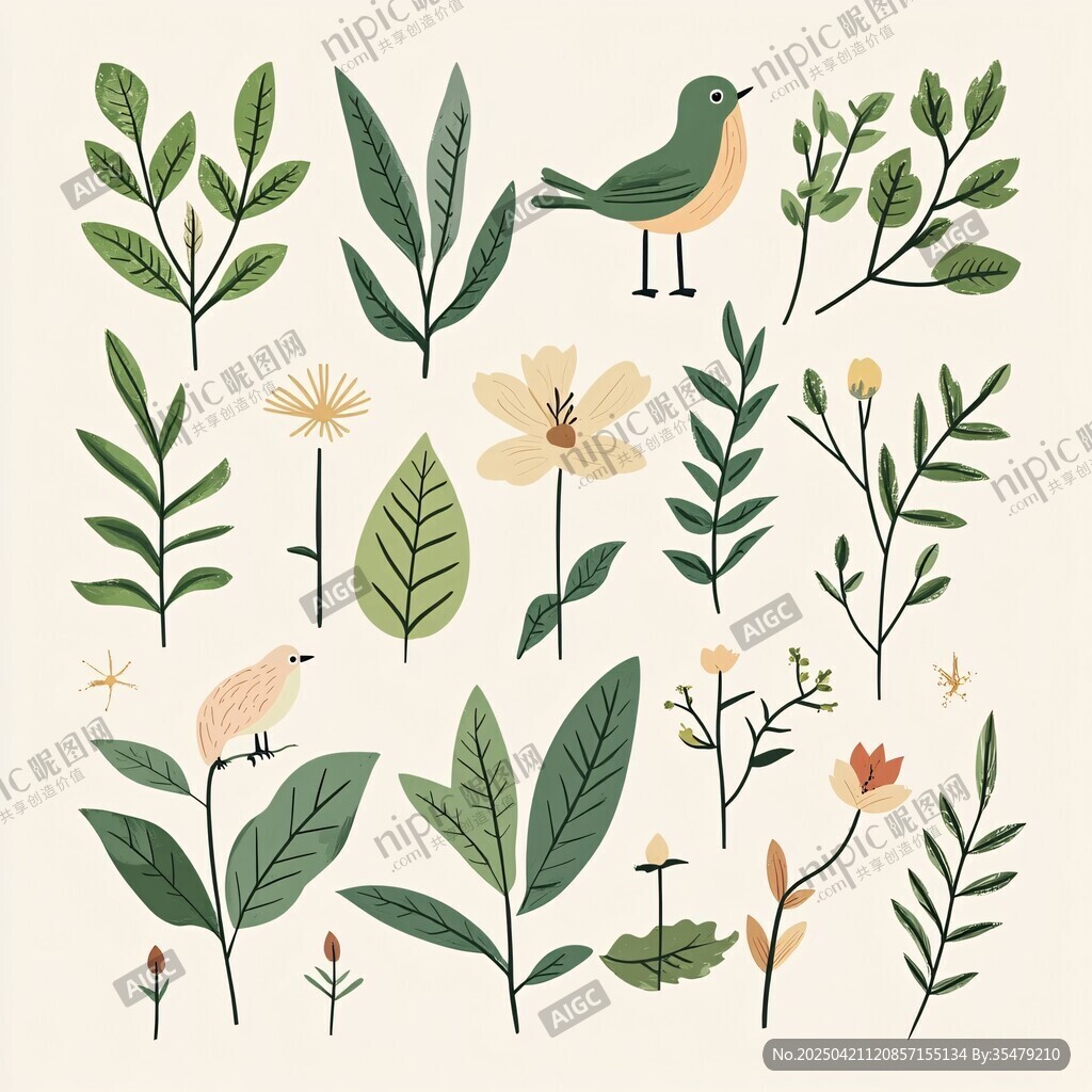 清新花鸟植物插画元素