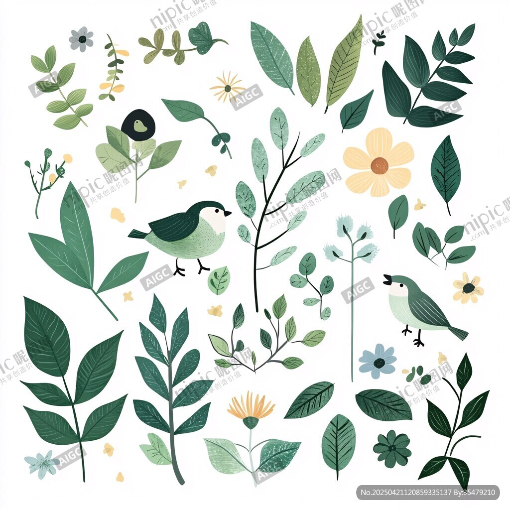 清新绿植小鸟插画元素