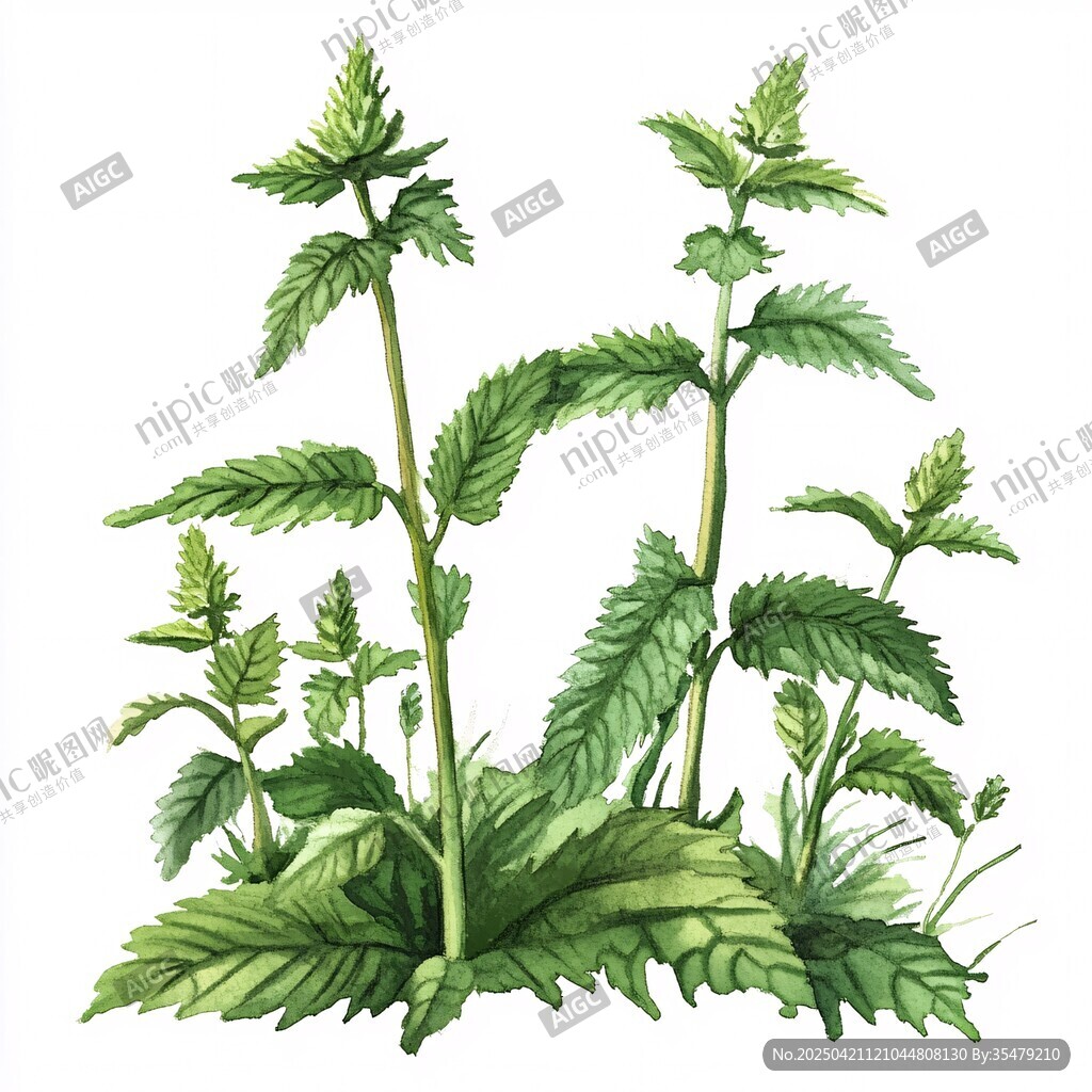 水彩绘制的翠绿荨麻植物