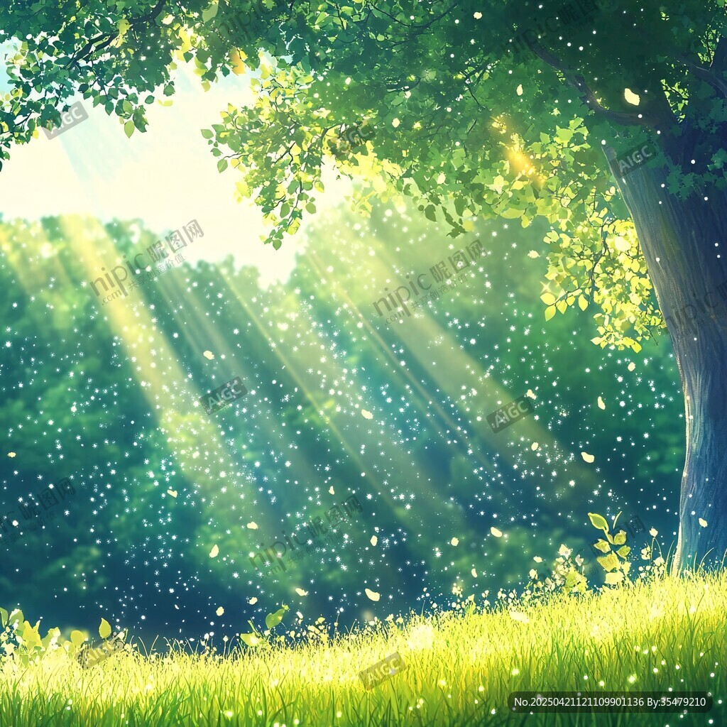 阳光洒落的梦幻森林草地