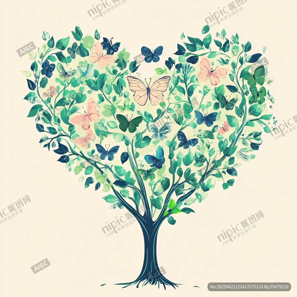 心形花树与蝶的梦幻图景