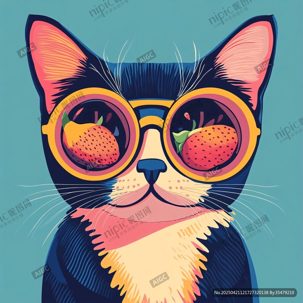 戴草莓镜片眼镜的可爱猫咪