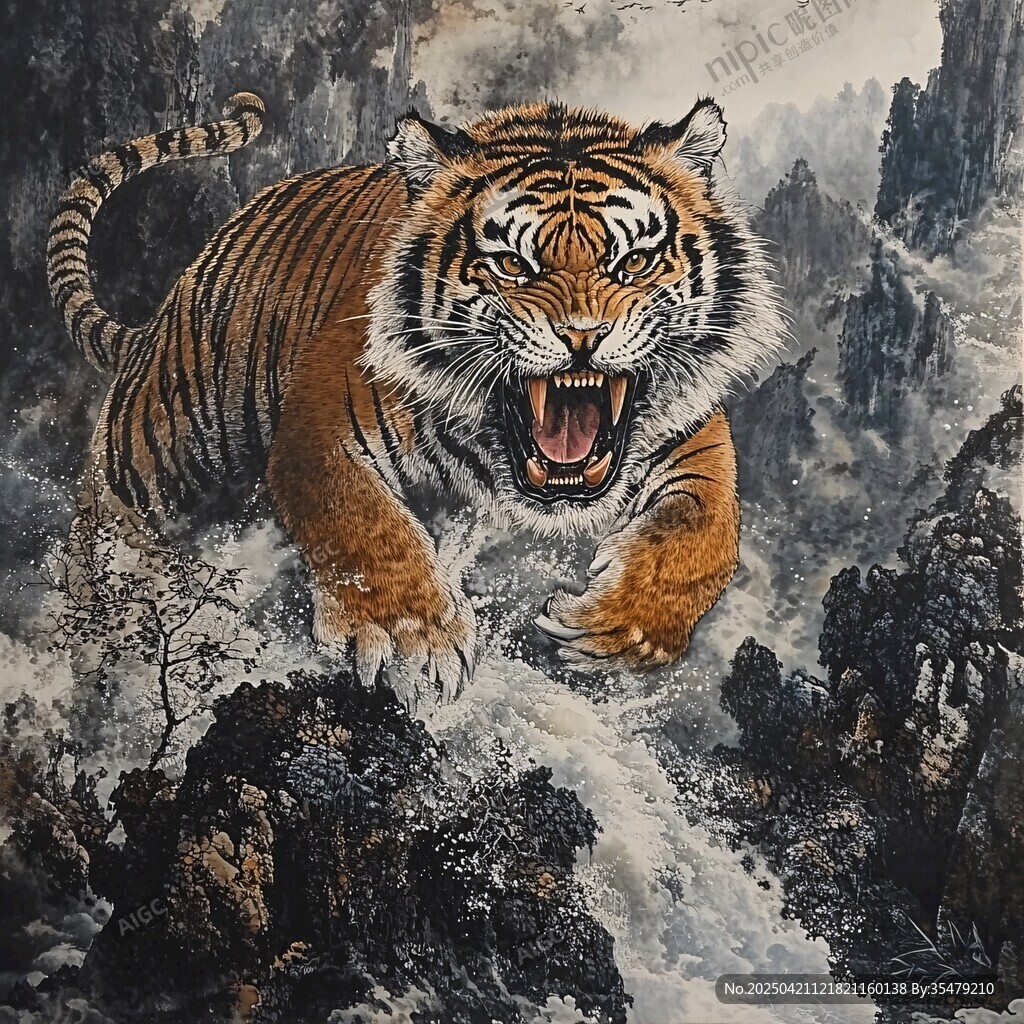 猛虎跃于山水间