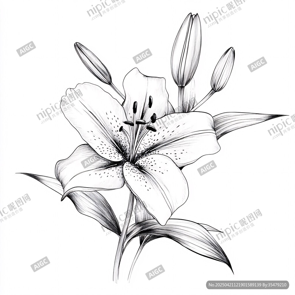 黑白手绘百合花