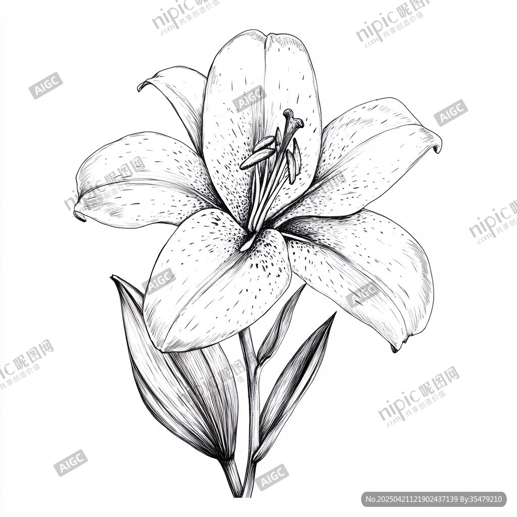 手绘百合花黑白插画