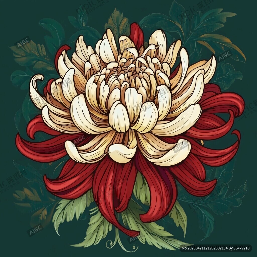 双色菊花插画 复古风花卉