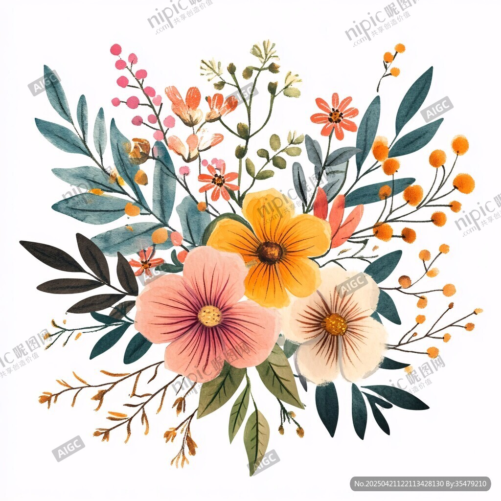 手绘多彩花卉插画作品