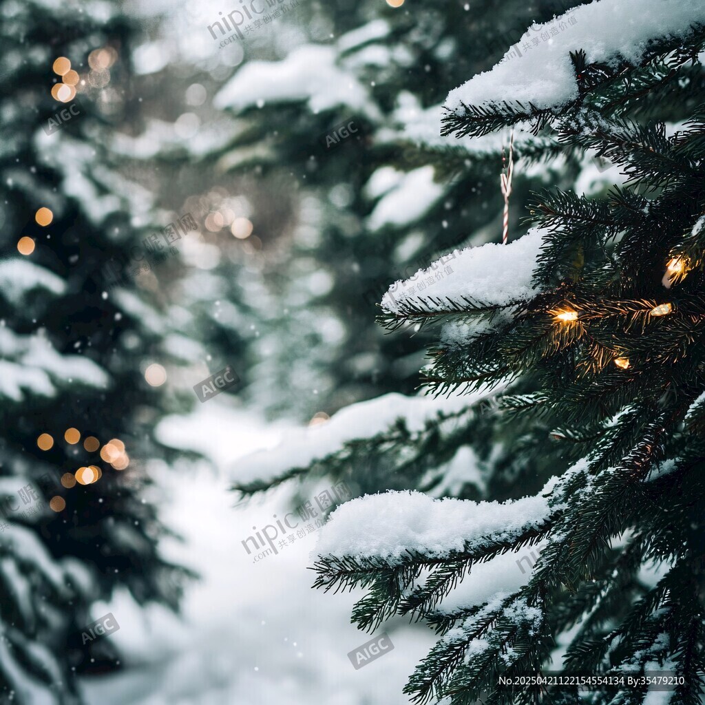 雪覆松枝间的温馨圣诞灯