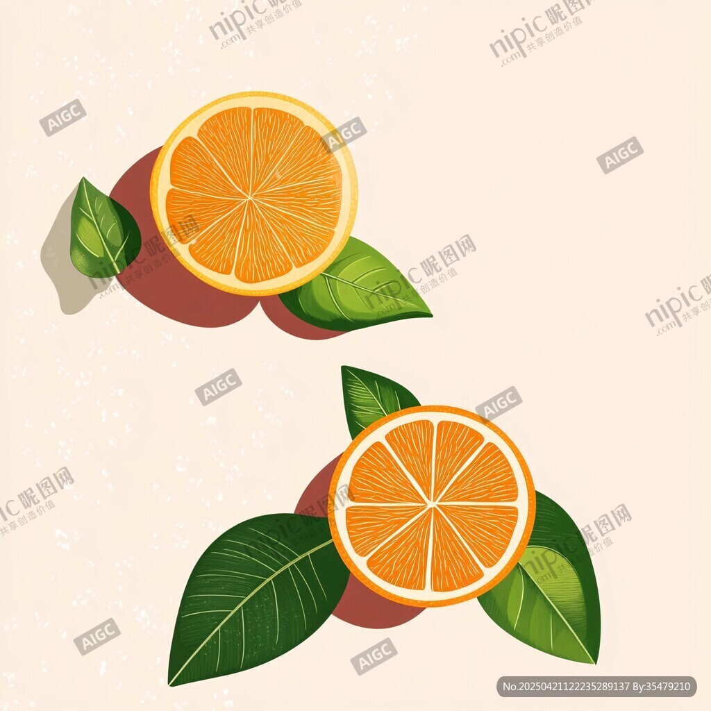 两片鲜橙带绿叶插画