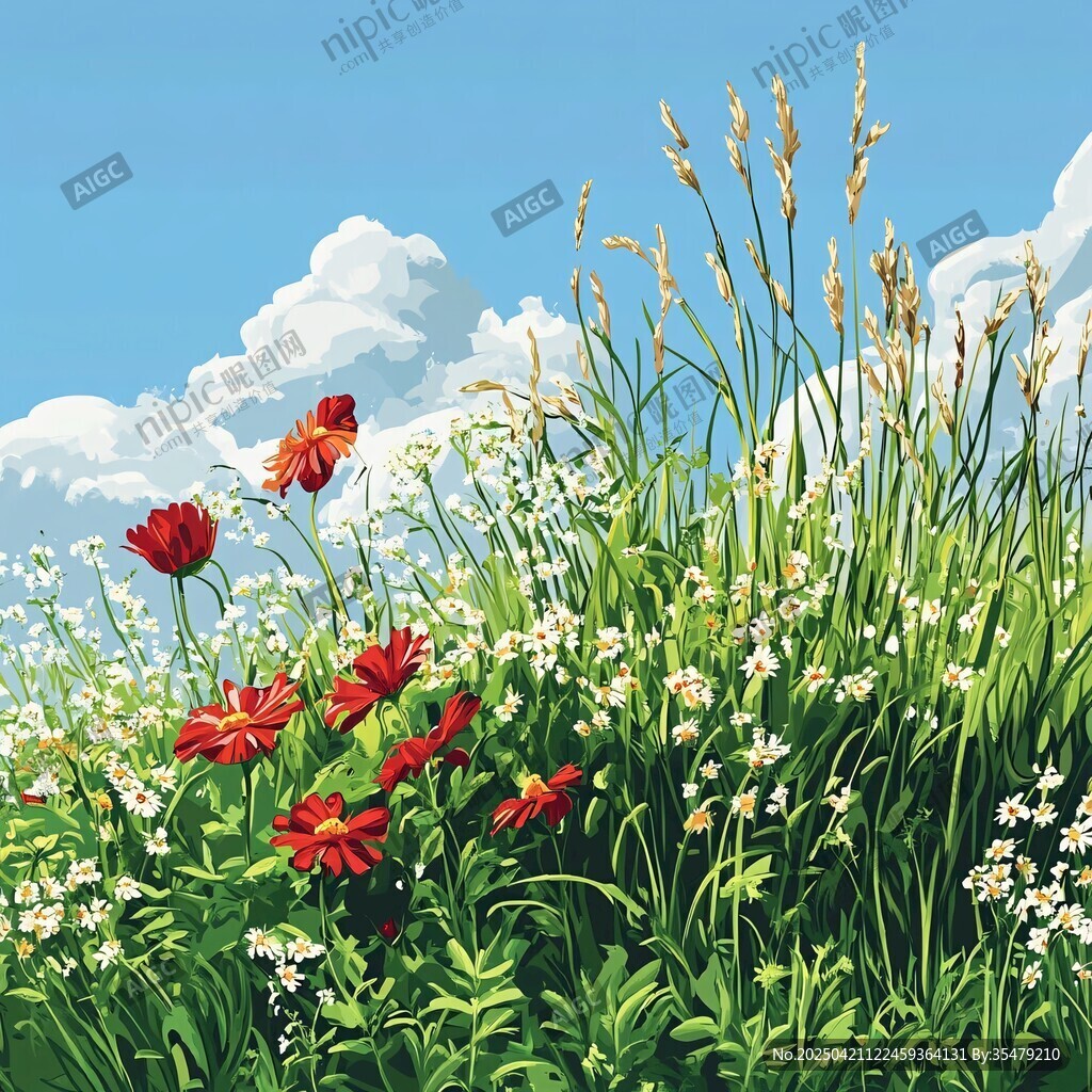 夏日草地花卉风景插画
