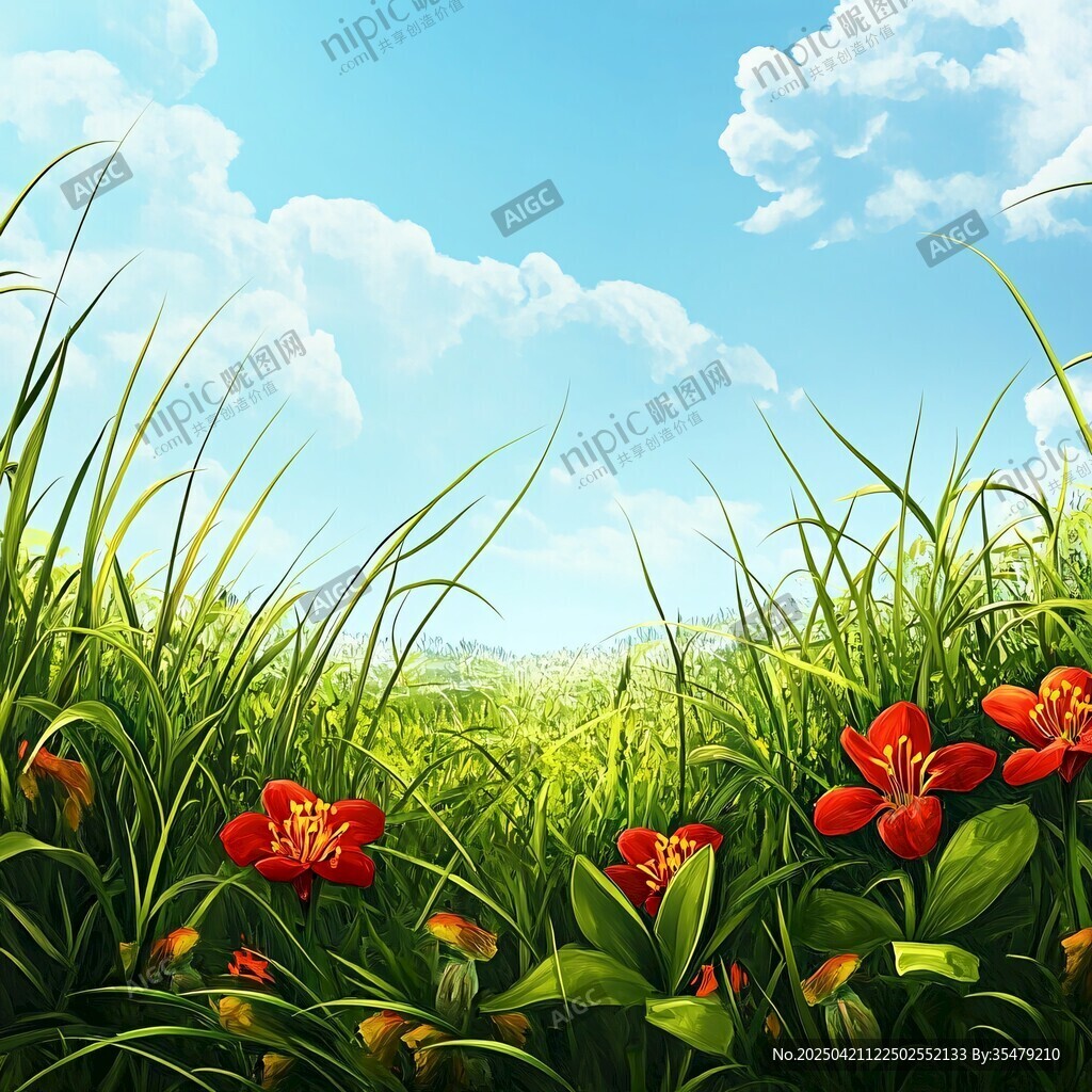 绿野红花间的蓝天美景
