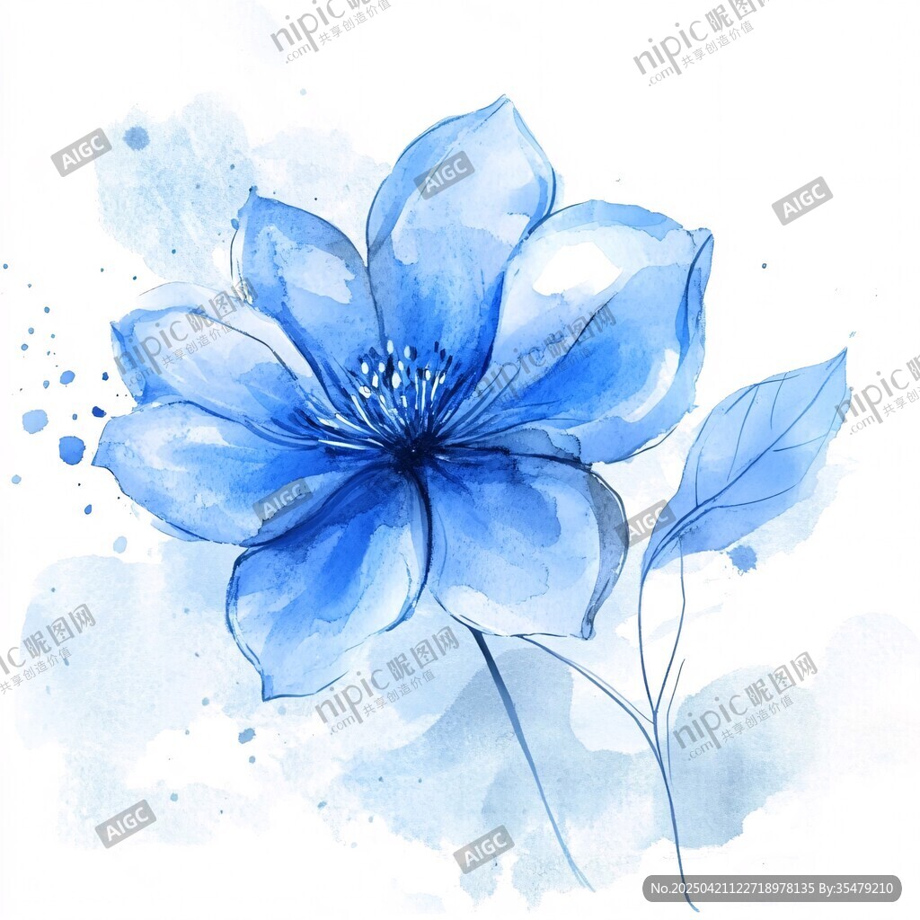 蓝色水彩花卉清新插画
