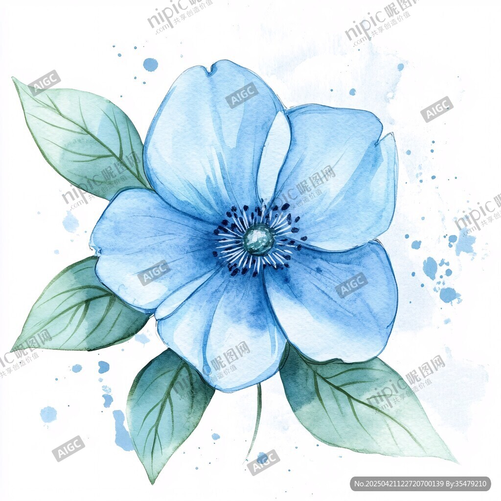 蓝色水彩风花朵插画
