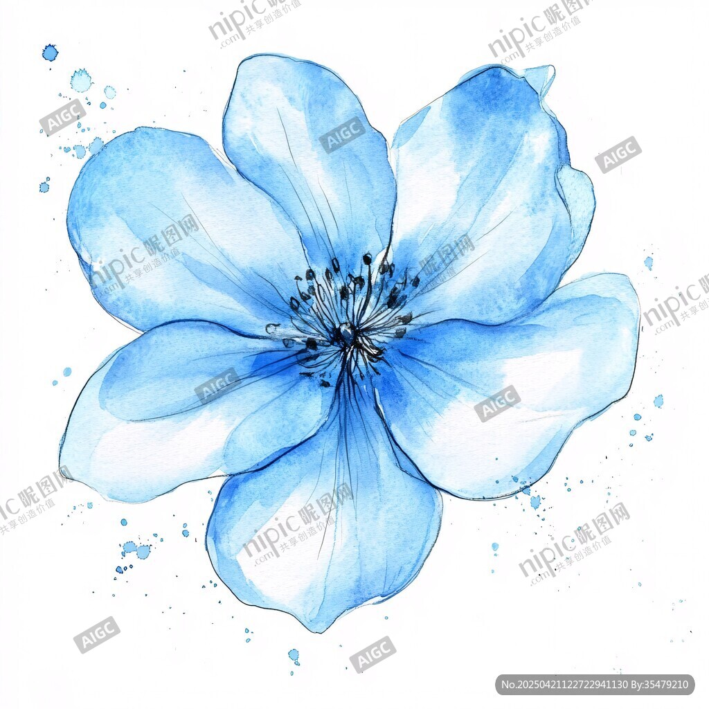 蓝色水彩花朵艺术插画