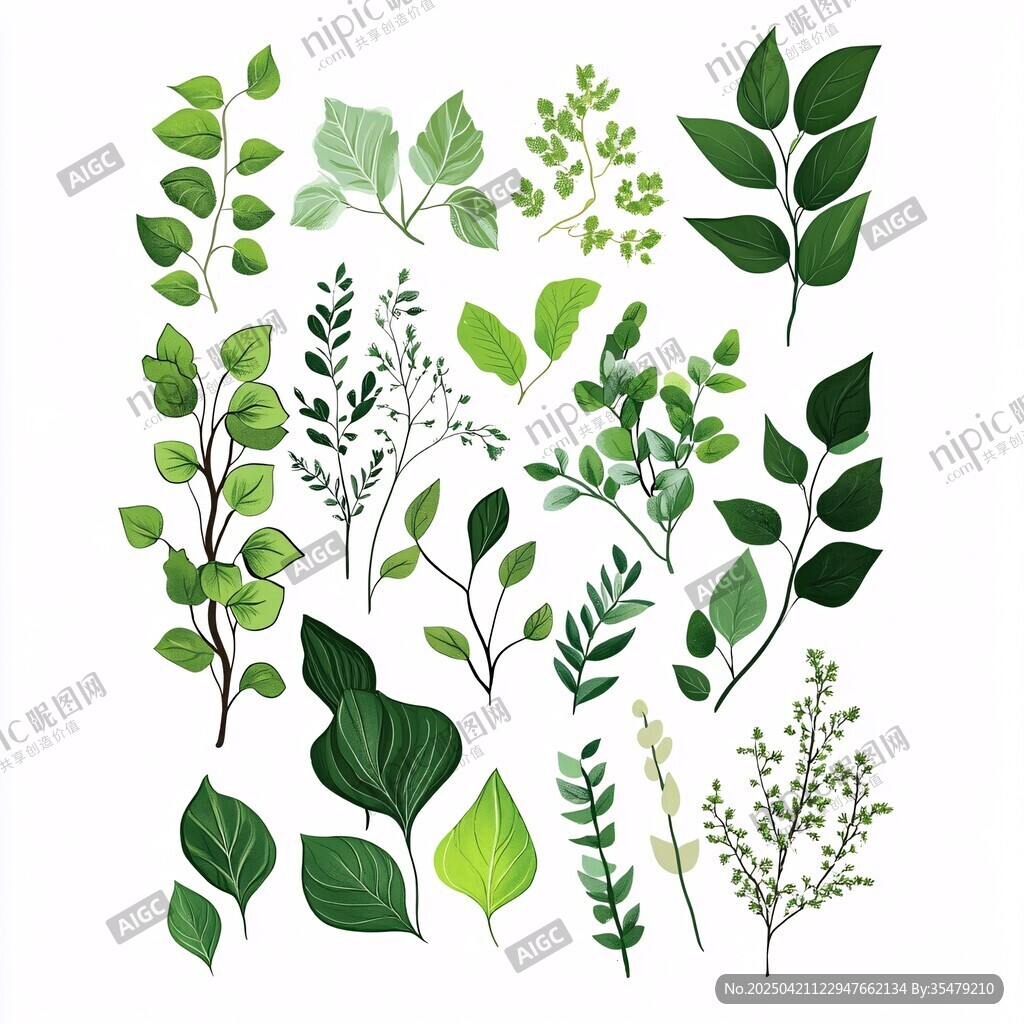 多样清新绿叶植物插画
